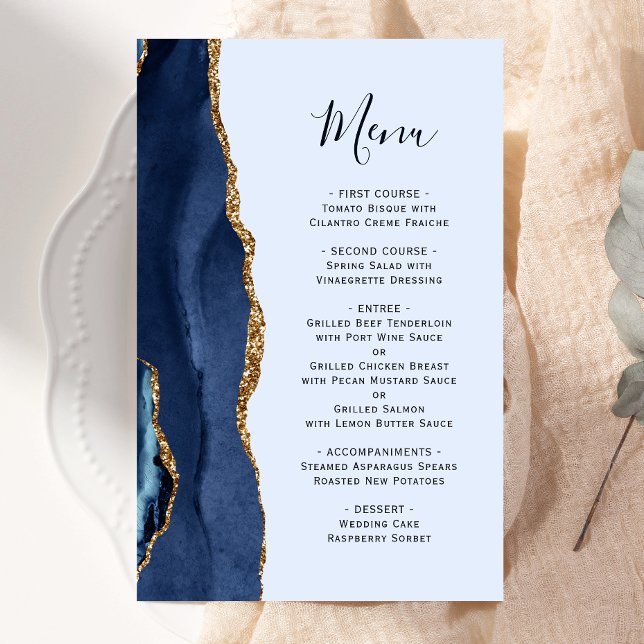 Tall Budget Navy Blue Gold Agate Wedding Menu (Creator Uploaded)