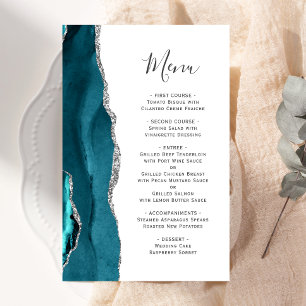 Tall Budget Teal Blue Silver Agate Wedding Menu