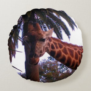 Tall Giraffe Tales Under The Palm Tree, Round Pillow