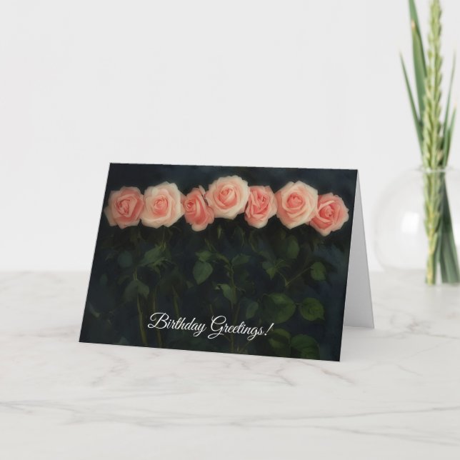 Tall Peachy Pink Roses Art Birthday Card (Front)