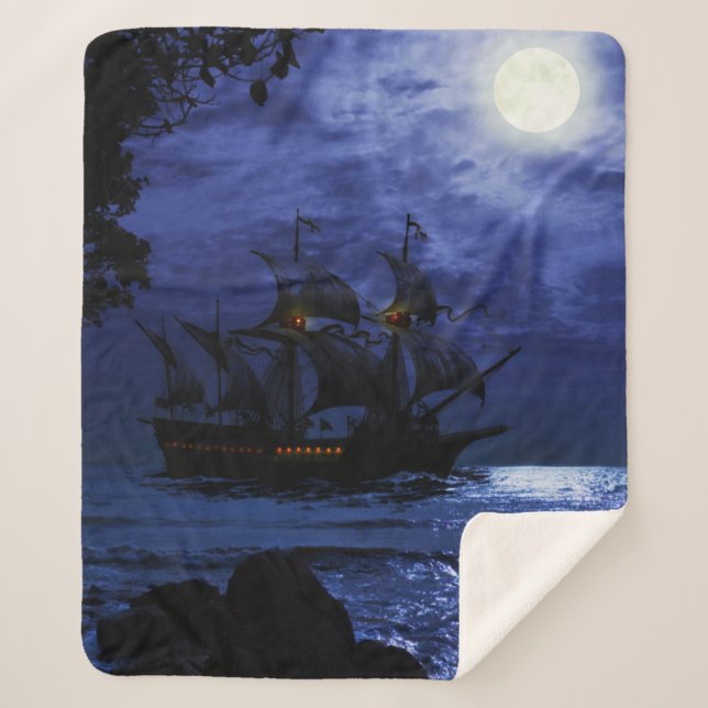 Tall Pirate Ghost Ship Sea Moon Night Sky Blue Sherpa Blanket (Front)