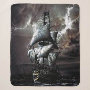 Tall Pirate Ghost Ship Sea Storm Lightning Sherpa Blanket