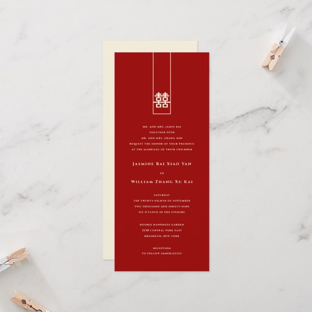 Tall Rectangle Double Happiness Chinese Wedding Invitation (Front/Back In Situ)