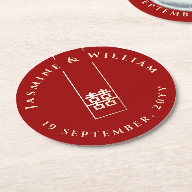 Tall Rectangle Double Happiness Chinese Wedding Round Paper Coaster (Angled)