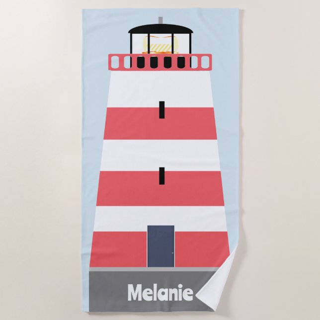 Tall Red and White Lighthouse Personalised Beach Towel (Front)