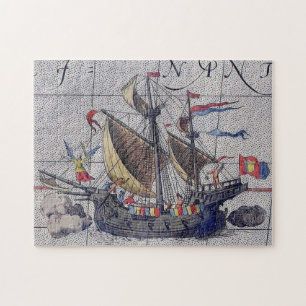 Tall Ship and Map of Pacific Ocean Jigsaw Puzzle