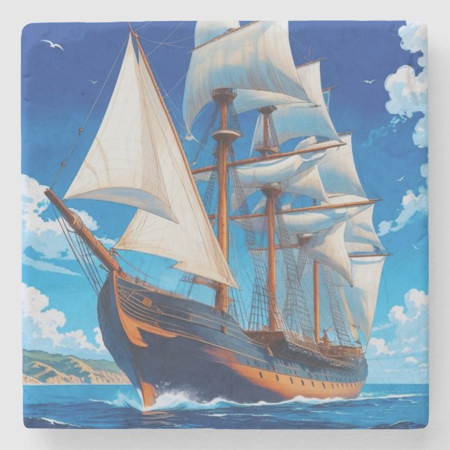 Tall ship at sea  stone coaster (Front)