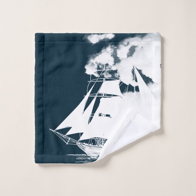 Tall Ship & Clouds Nautical Bath Towel Set (Wash Cloth)