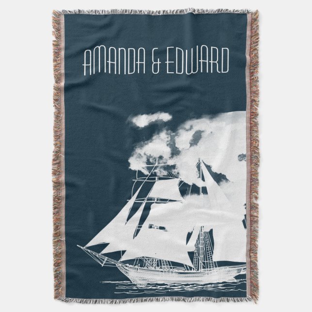 Tall Ship & Clouds Nautical Throw Blanket (Front Vertical)