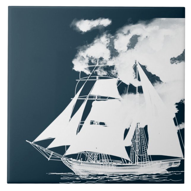 Tall Ship & Clouds Nautical Tile (Front)