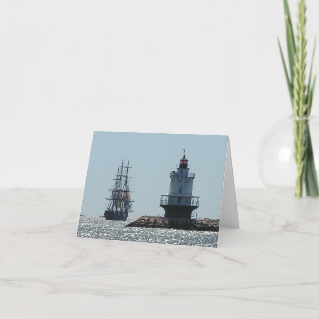 Tall ship sailing by Spring Point Light Note Card (Front)
