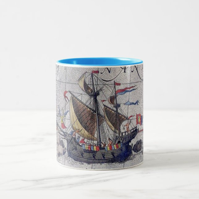 Tall Ship World Map of the Pacific Two-Tone Coffee Mug (Center)