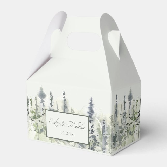 Tall Timber Watercolor Evergreen Trees Wedding Favor Box (Front Side)
