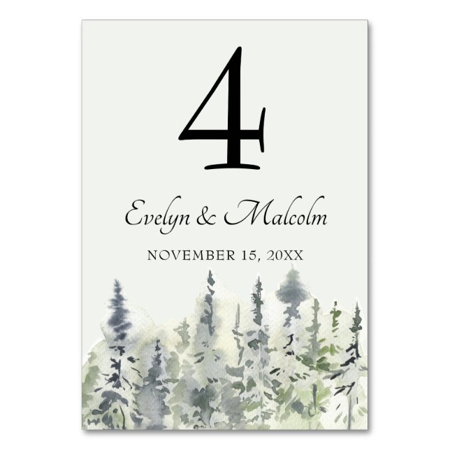 Tall Timber Watercolor Evergreen Trees Wedding Table Number (Front)