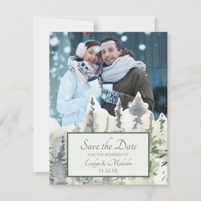 Tall Timber Watercolor Trees Photo Save the Date Invitation (Front)