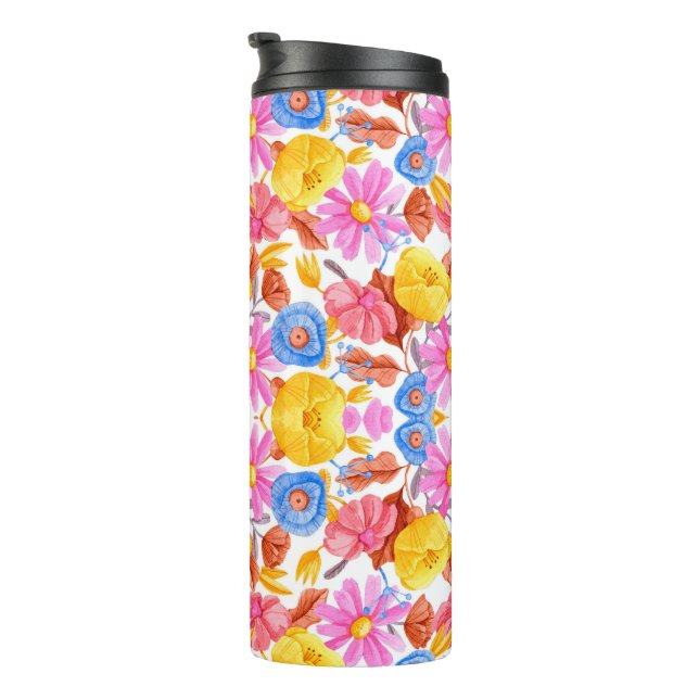 Tall travel mug featuring a vibrant floral pattern (Rotated Right)