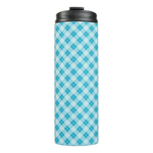 Tall travel mug with a blue and white plaid