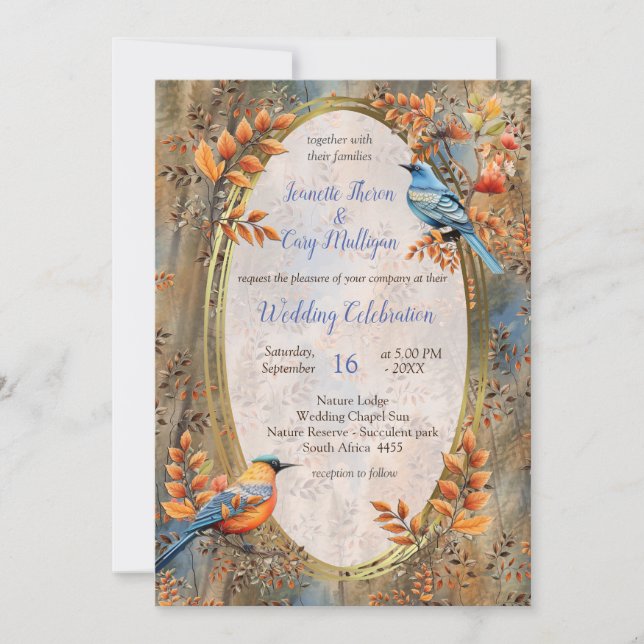 Tall trees, Autumn leaves & Bluebirds. Invitation (Front)
