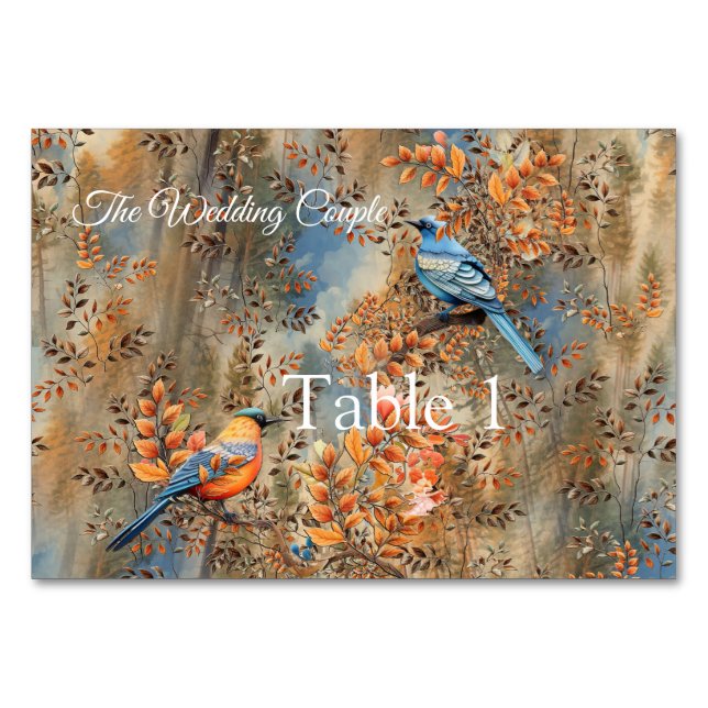 Tall trees, Autumn leaves & Bluebirds. Table Number (Front)