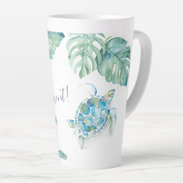 Tall Tropical Turquoise Blue Watercolor Sea Turtle Latte Mug (Right Angle)