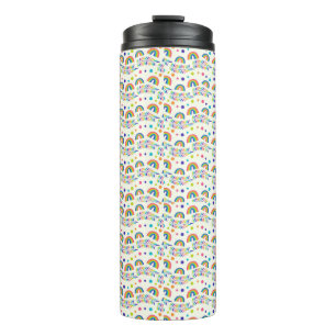 Tall tumbler with a black lid, featuring a playful