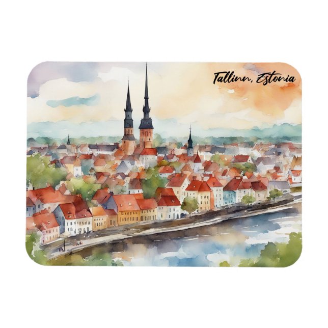 Tallinn Estonia Watercolor Painting Panorama  Magnet (Horizontal)