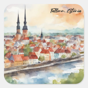 Tallinn Estonia Watercolor Painting Panorama  Square Sticker