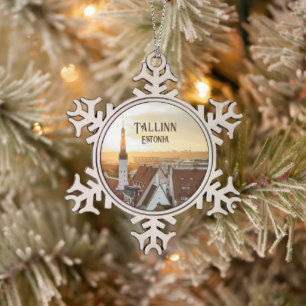 Tallinn skyline at sunrise, Estonia travel photo Snowflake Pewter Christmas Ornament