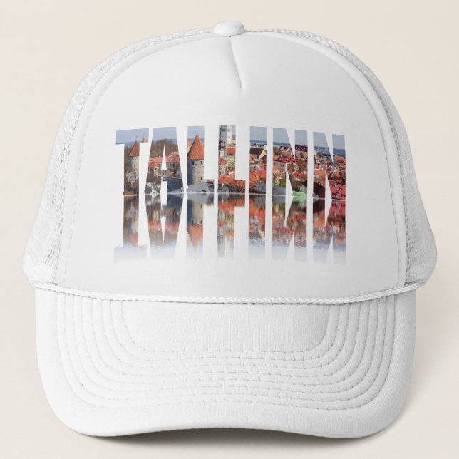 Tallinn text composed of old town view trucker hat (Front)