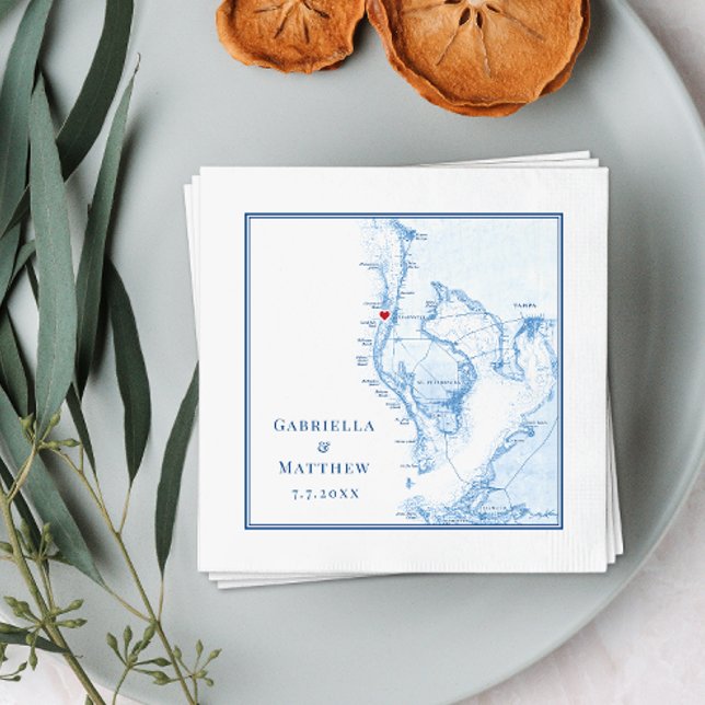 Tampa Bay Map Elegant Wedding Napkin (Beautiful custom Tampa Bay Wedding cocktail napkins for your reception, shower or engagement party.)