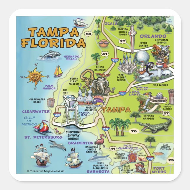 Tampa Florida Cartoon Map Square Sticker (Front)