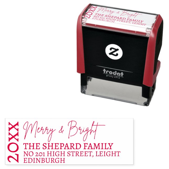 Tampon Auto-encreur 2025 Modern Merry and Bright Red Pink Christmas (En situation)