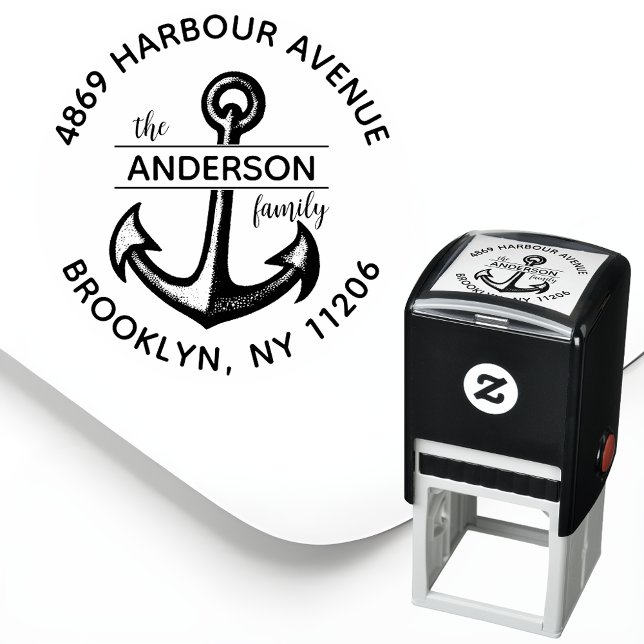 Tampon Auto-encreur Adresse de retour de famille d'Ancres personnalisé (Add a Nautical Flair to Your Beach or Lake House Mail with a Custom Round Return Address Stamp! ⚓🏖️)