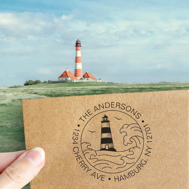 Tampon Auto-encreur Adresse de retour personnalisée Phare Côtier Nauti (Créateur téléchargé)
