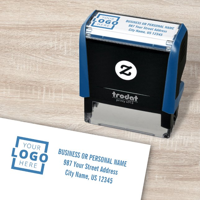 Tampon Auto-encreur Adresse du logo de l'entreprise personnalisée bleu (Créateur téléchargé)
