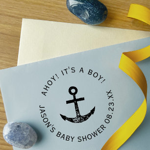 Tampon Auto-encreur Ahoy ! Ancre Baby shower rond bleu marine