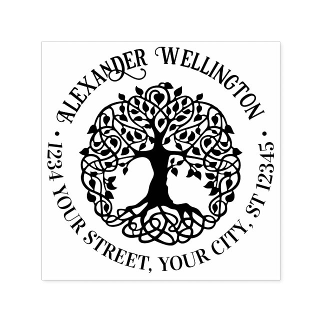 Tampon Auto-encreur Arbre à feuilles rustique avec racines Nom Adresse (Design)