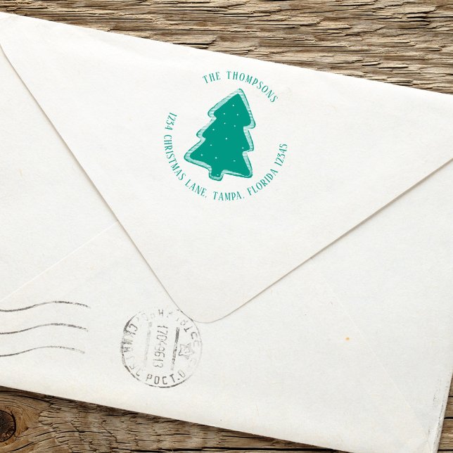 Tampon Auto-encreur Arbre de Noël Simple Retours Adresse Jolie Fête (Simple Christmas Tree cookie cutout return address stamp.)