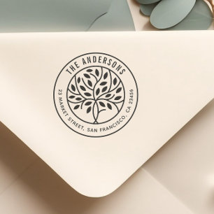 Tampon Auto-encreur Arbre moderne   Nom de famille personnalisé et adr