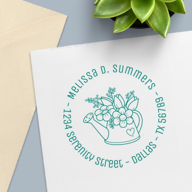 Tampon Auto-encreur Arrosage de jardin avec fleurs Adresse ronde 2 (Créateur téléchargé)