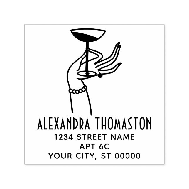 Tampon Auto-encreur Art Déco Lady Hand Holding Champagne Glass Adresse (Design)