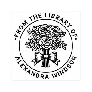 Tampon Auto-encreur Bouquet de Roses avec Bow Ribbon Library Nom du li