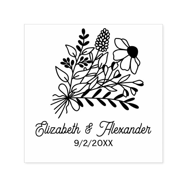 Tampon Auto-encreur Bouquet fleur sauvage #1L Mariage Couple Noms Date (Design)