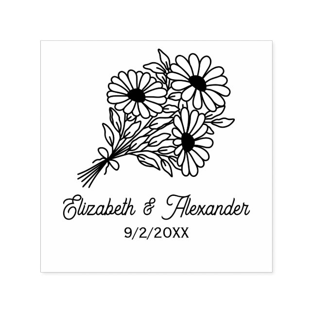 Tampon Auto-encreur Bouquet fleur sauvage #2L Mariage Couple Noms Date (Design)