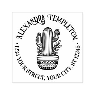 Tampon Auto-encreur Cactus en fleurs dans un pot #1P Nom Adresse de re