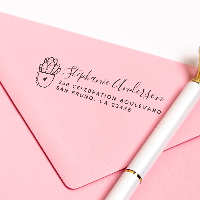 Tampon Auto-encreur Cactus moderne | Nom et adresse de retour personna (Stamp Mock-up)
