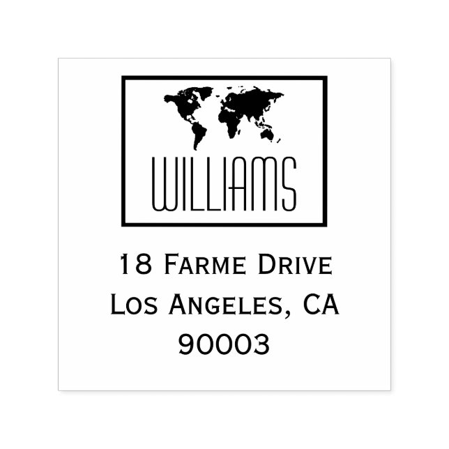 Tampon Auto-encreur carte du monde avec adresse de retour, carré noir/ (Design)