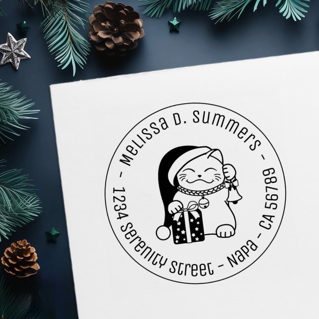 Tampon Auto-encreur Cat in Christmas Hat Round Address (Créateur téléchargé)