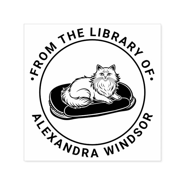 Tampon Auto-encreur Chat long sur lit Bibliothèque Nom du livre (Design)