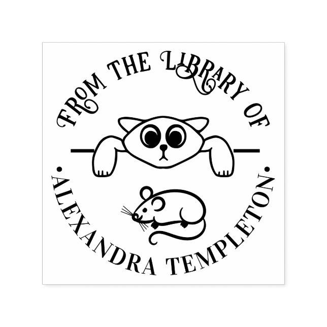 Tampon Auto-encreur Chat Mignon Regardant Souris Autour du Nom du Livr (Design)